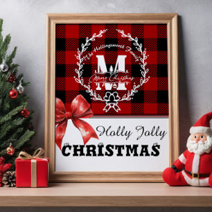 Merry Christmas Monogram Wreath Buffalo Plaid Poster