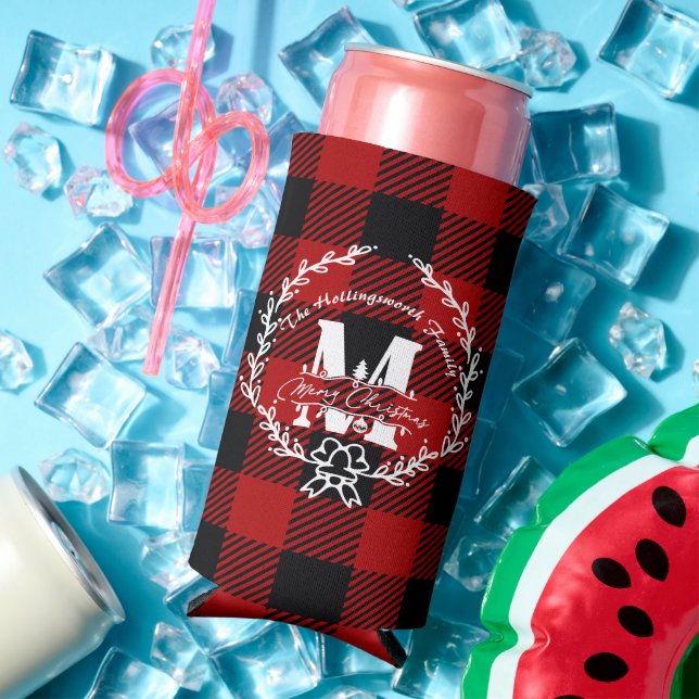 Merry Christmas Monogram Wreath Buffalo Plaid Seltzer Can Cooler (In Situ Summer)