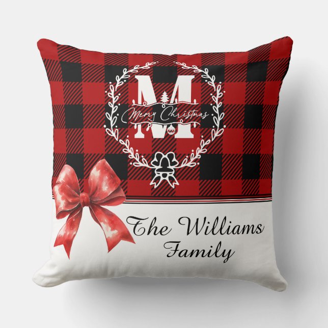 Merry Christmas Monogram Wreath Buffalo Plaid Throw Pillow (Front)