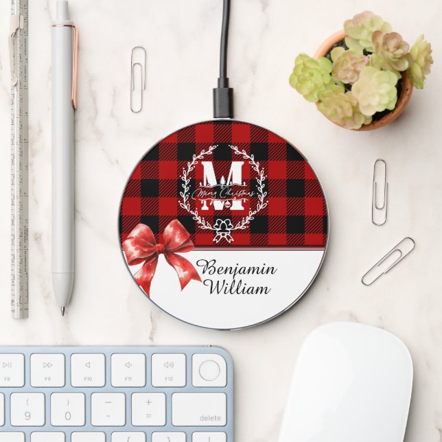 Merry Christmas Monogram Wreath Buffalo Plaid Wireless Charger (Desk)
