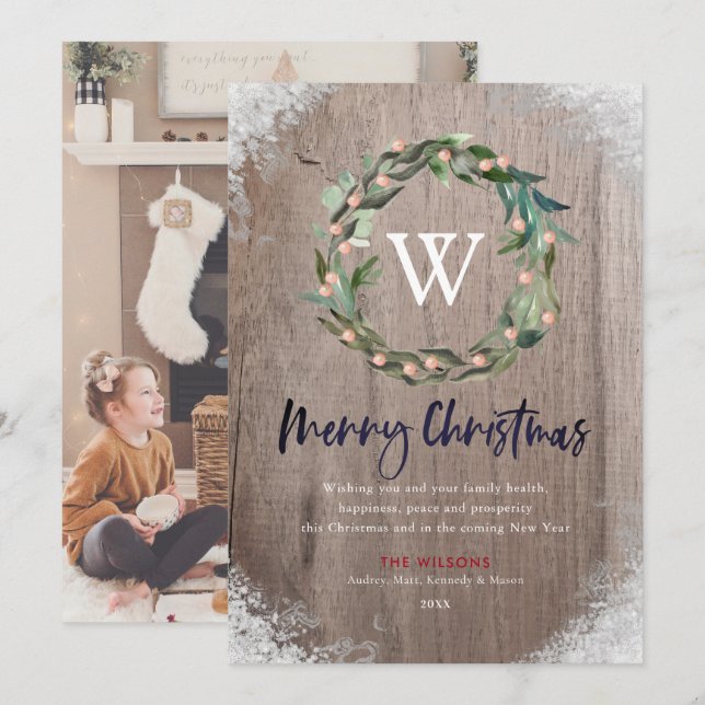 Merry Christmas Monogram Wreath Wood Photo Card (Front/Back)