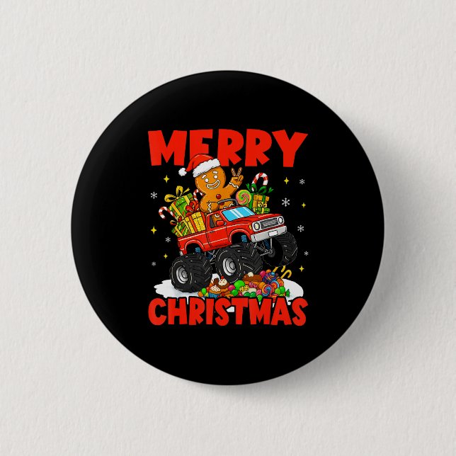 Merry Christmas Monster Truck Funny Gingerbread Me Button (Front)
