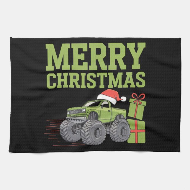 Merry Christmas Monster Truck Toddler Boys Xmas  Kitchen Towel (Horizontal)