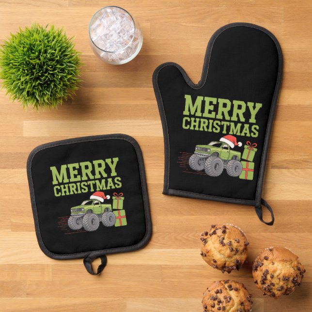 Merry Christmas Monster Truck Toddler Boys Xmas  Oven Mitt & Pot Holder Set (Top Down)