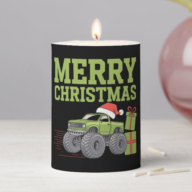 Merry Christmas Monster Truck Toddler Boys Xmas  Pillar Candle (In Situ)