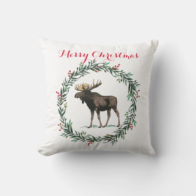 Merry Christmas Moose And Holly Wreath Throw Pillow (Front)