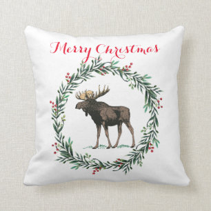 Merry Christmas Moose And Holly Wreath Throw Pillow