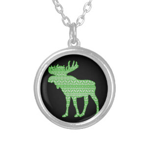 MERRY CHRISTMAS MOOSE GREEN DEER SILVER PLATED NECKLACE