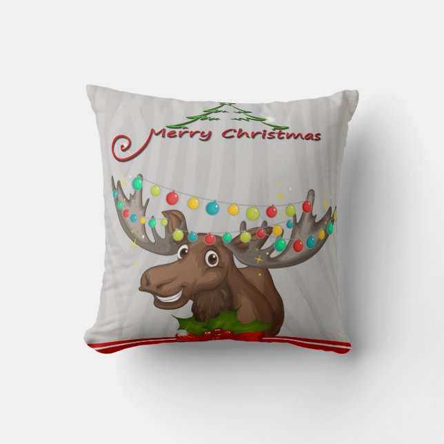 Merry Christmas Moose Throw Pillow (Front)