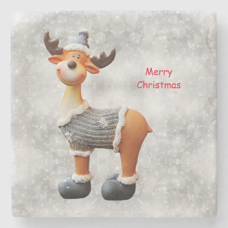 Merry Christmas moose wearing a hat Beverage Co Stone Coaster