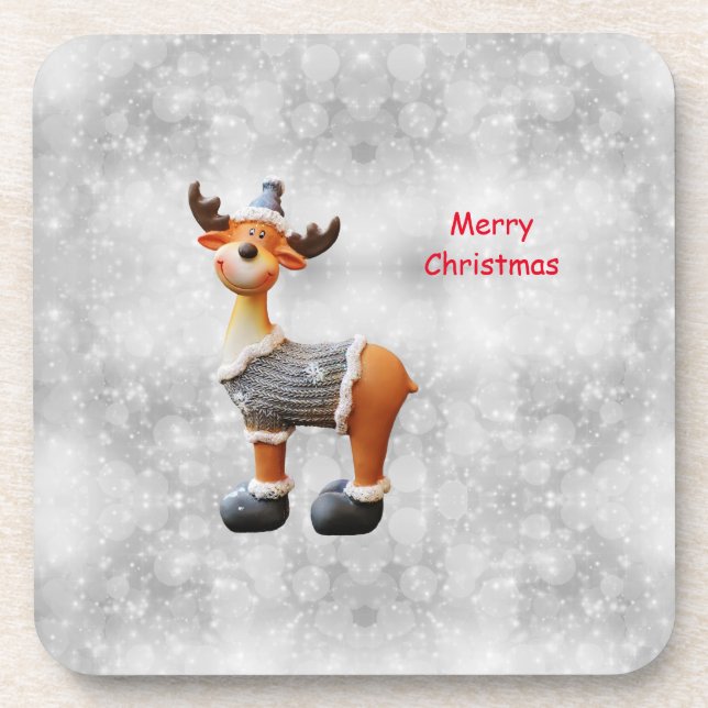 Merry Christmas moose wearing a hat    Beverage Coaster (Front)