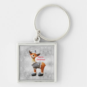 Merry Christmas moose wearing a hat Keychain