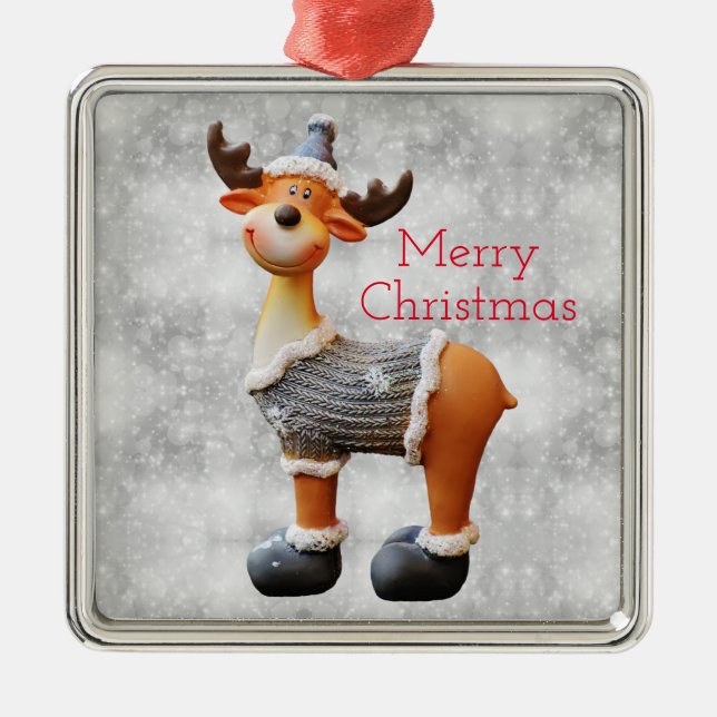 Merry Christmas moose wearing a hat      Metal Ornament (Front)