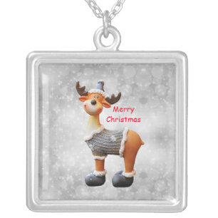 Merry Christmas moose wearing a hat     Silver Plated Necklace