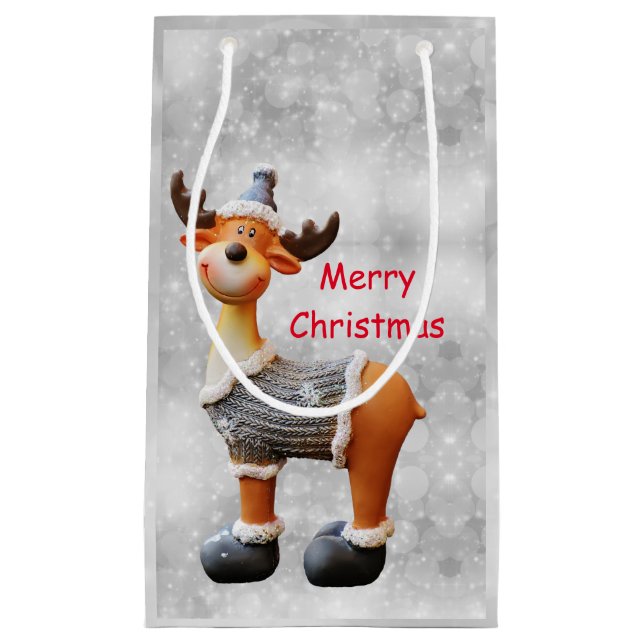 Merry Christmas moose wearing a hat     Small Gift Bag (Front)