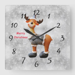 Merry Christmas moose wearing a hat Square Wall Clock