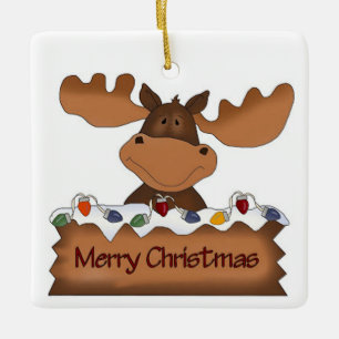 Merry Christmas Moose with Christmas Lights Ceramic Ornament