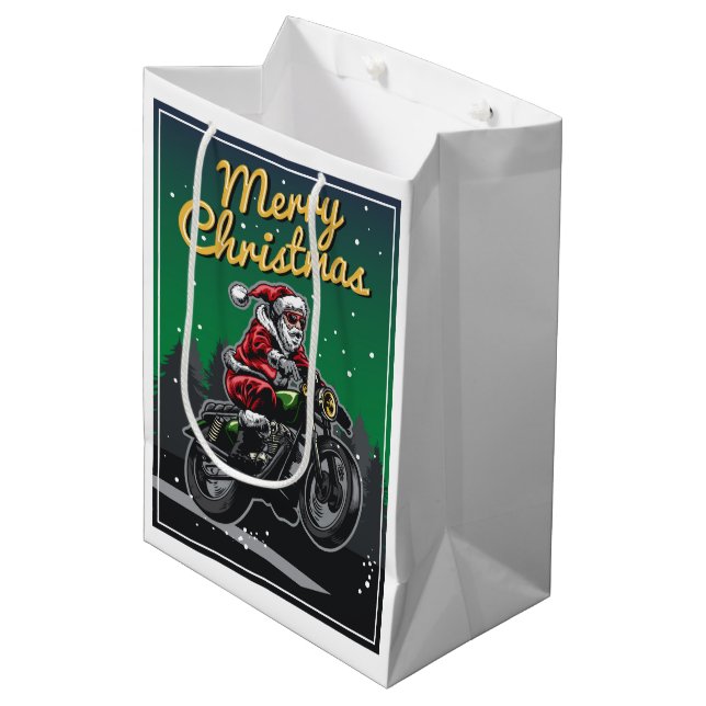 Merry Christmas Motorcycle Santa | Holidays Medium Gift Bag (Front Angled)