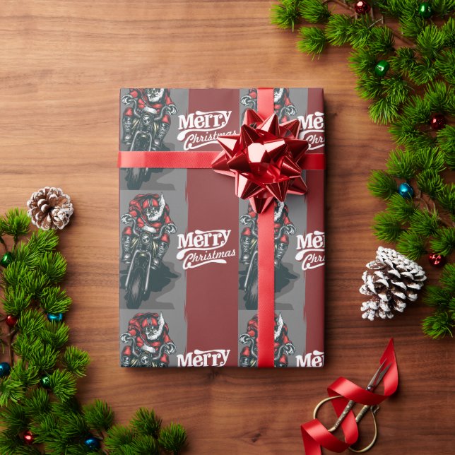 Merry Christmas Motorcycle Santa Wrapping Paper (Holiday Gift)