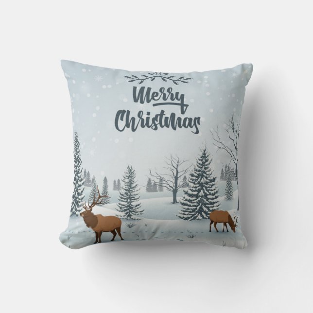 Merry Christmas Mountain Deer Throw Pillow (Front)