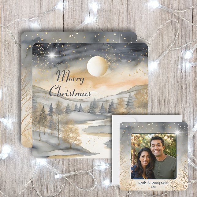 Merry Christmas Mountain River Family Photo Name  Card (Creator Uploaded)