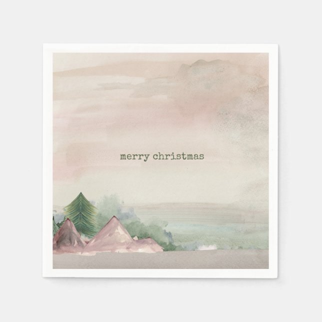 Merry Christmas Mountain Watercolor  Napkins (Front)