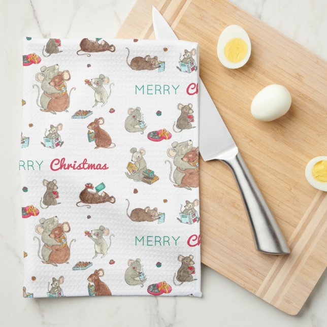 Merry Christmas Mouse Family Holiday Kitchen Towel (Quarter Fold)