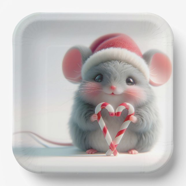 Merry Christmas Mouse With Candy Cane Heart Paper Plates (Front)