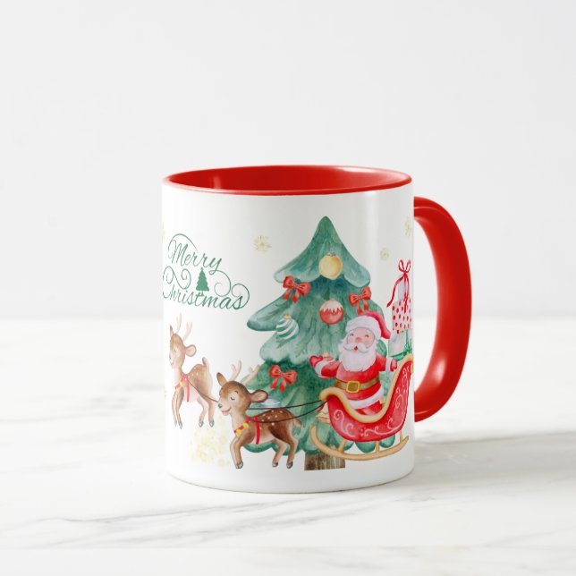 Merry Christmas Mug - Santa & Flying Reindeer (Front Right)