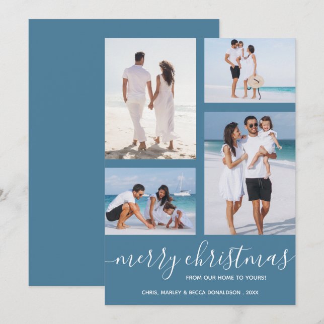 Merry Christmas Multi Photo Blue Holiday Card (Front/Back)
