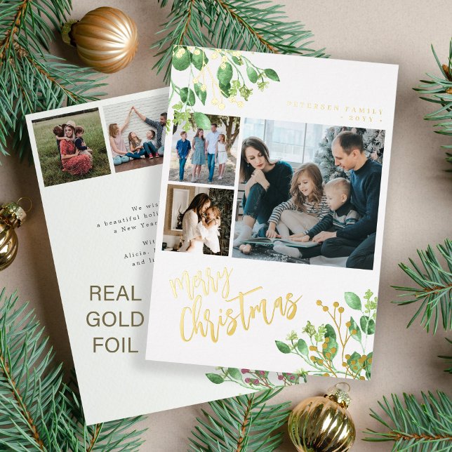 Merry Christmas multi photo botanical foliage Foil Holiday Card (Creator Uploaded)