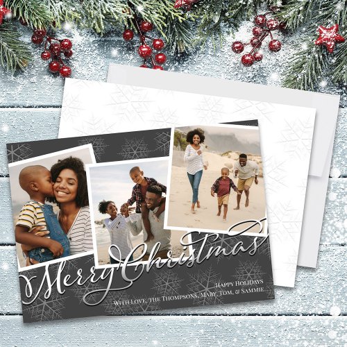 Merry Christmas Multi Photo Calligraphy Script  Holiday Card