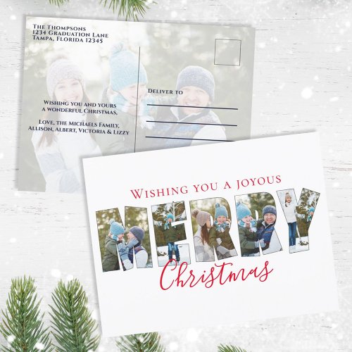 Merry Christmas Multi Photo Collage Typography Holiday Postcard