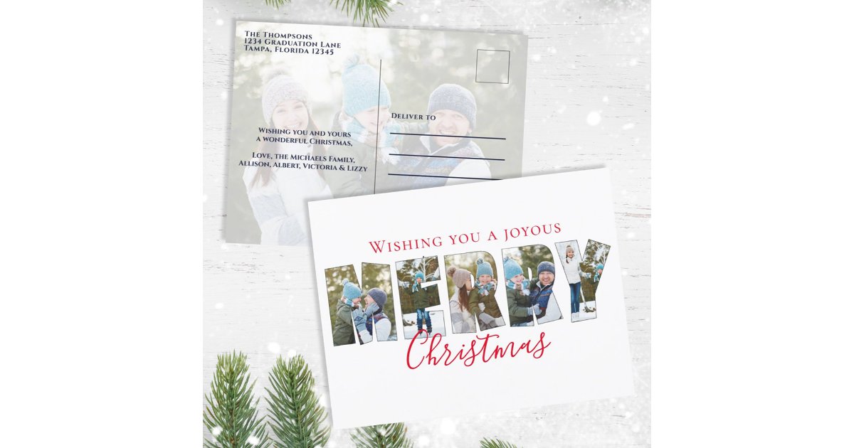 Merry Christmas Multi Photo Collage Typography Holiday Postcard | Zazzle
