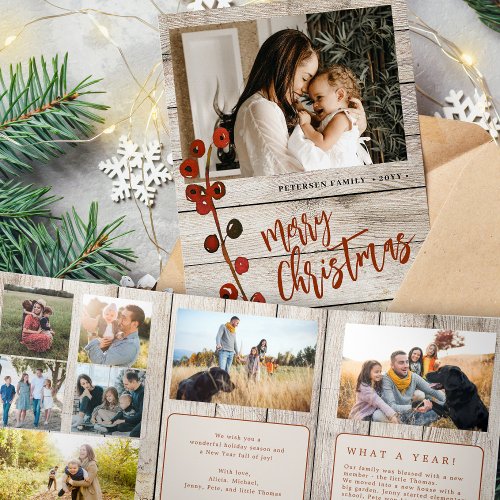Merry Christmas multi photo family rustic wood Tri_Fold Holiday Card