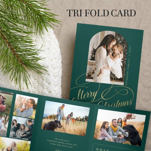 Merry Christmas multi photo family year in review  Tri_Fold Holiday Card