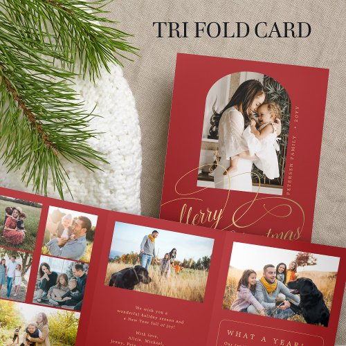 Merry Christmas multi photo family year in review  Tri_Fold Holiday Card