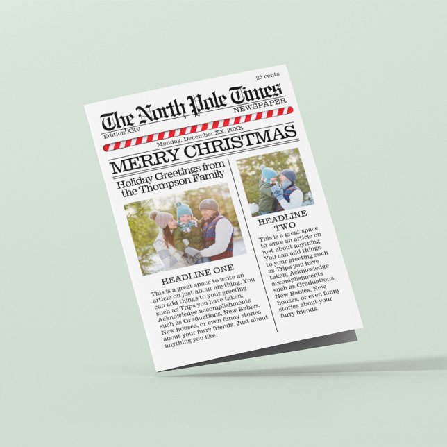 Merry Christmas Multi Photo Fun North Pole News Tri-Fold Holiday Card (Merry Christmas holiday tri-fold greeting photo card with a newspaper theme.)