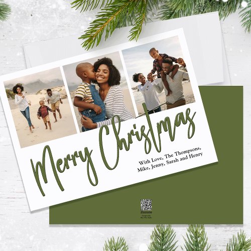 Merry Christmas Multi Photo Green Calligraphy  Holiday Card