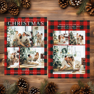 Merry Christmas Multi Photo Red Buffalo Plaid Holiday Card