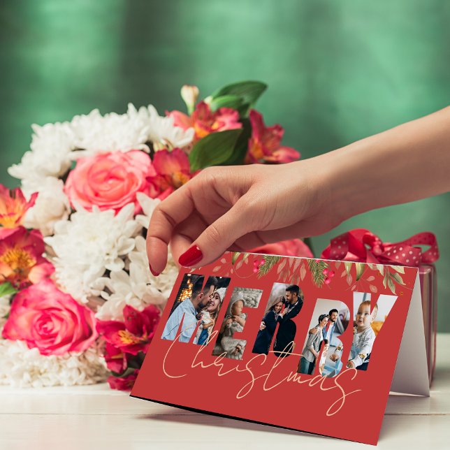 Merry Christmas Multi Photo Red Gold Holiday Card (Merry Christmas Multi Photo Red Gold Holiday Card)