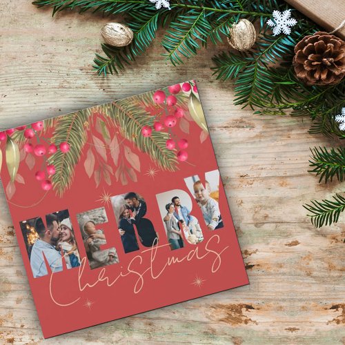 Merry Christmas Multi Photo Red Gold  Holiday Card