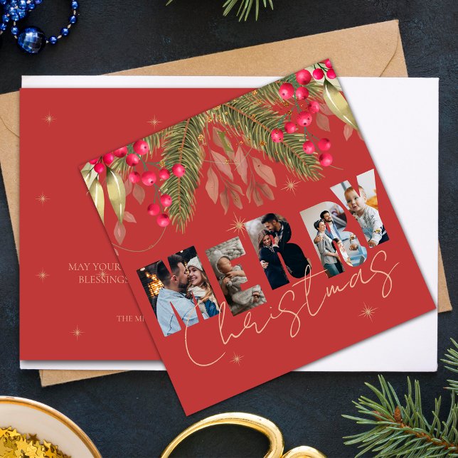 Merry Christmas Multi Photo Red Gold  Holiday Card (Merry Christmas Multi Photo Red Gold Holiday Card)