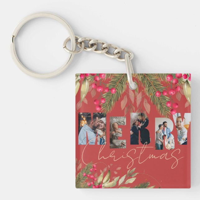 Merry Christmas Multi Photo Red Gold Holiday Gifts Keychain (Front)
