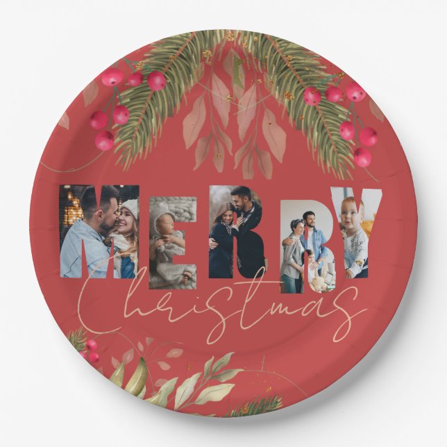 Merry Christmas Multi Photo Red Gold Holiday Party Paper Plates (Front)