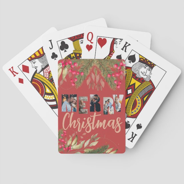 Merry Christmas Multi Photo Red Gold Holiday Poker Cards (Back)