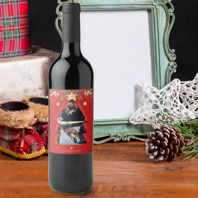 Merry Christmas Multi Photo Tree Red Holiday Wine Label (Merry Christmas Multi Photo Tree Red Holiday Wine Label)
