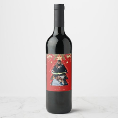 Merry Christmas Multi Photo Tree Red Holiday Wine Label