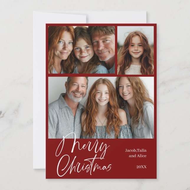 Merry Christmas Multi three photo Design Red Holiday Card (Front)