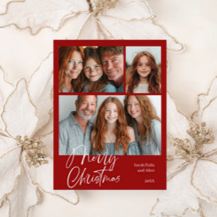Merry Christmas Multi three photo Design Red Holiday Postcard